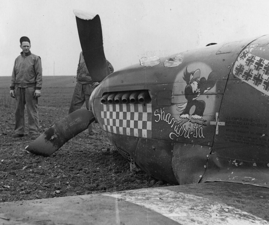 CaptDonGentilesP-51BMustangShangri-Laaftercrashlandingon13April1944asGentilearrivedbackatthe4thFighterGroupsDebdenairbaseaft_zps83451e01.jpg~original.jpg